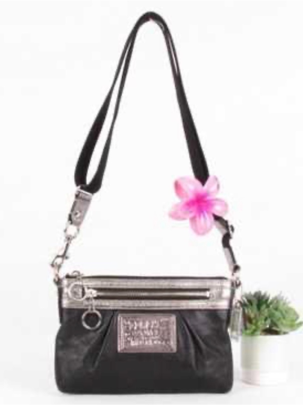 Coach Black Silver Poppy Leather Crossbody Bag
